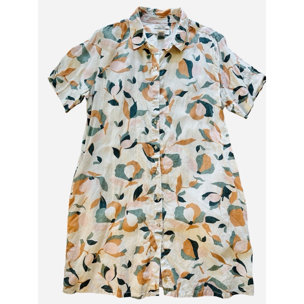 Rachel Zoe Cream 100% Linen Floral Shirt Dress L Cottagecore Artsy Coastal Boho